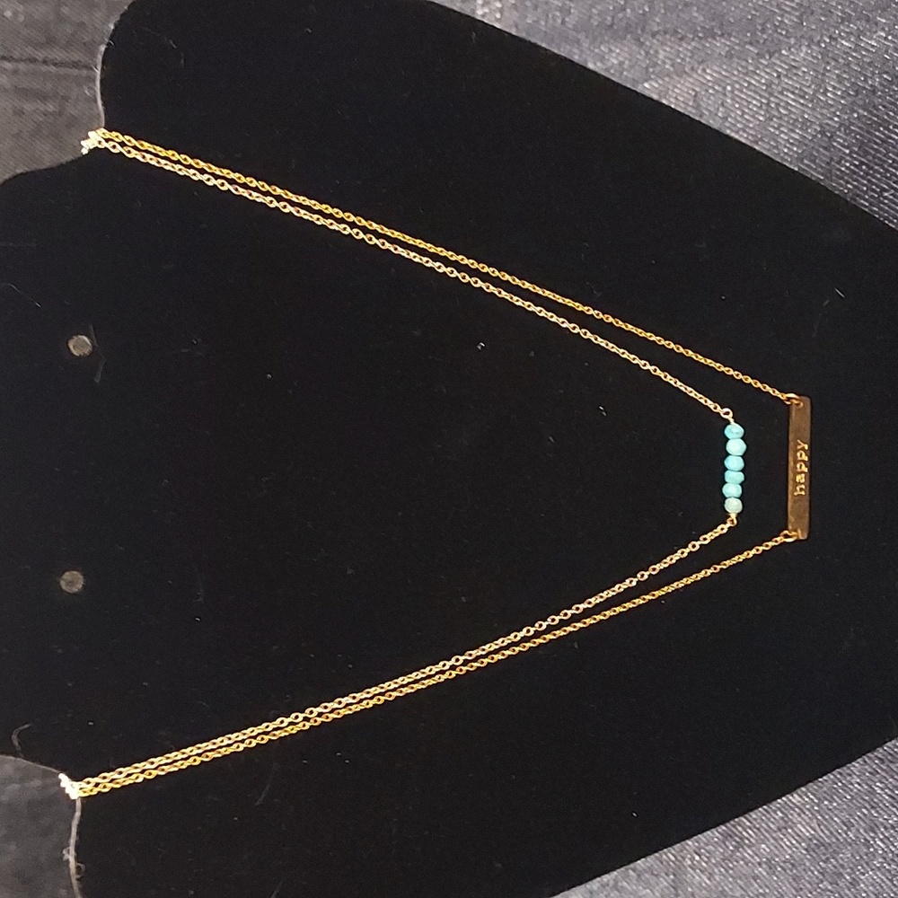 Gold Double-Layer 'Happy' Bar Necklace with Turquoise Beads